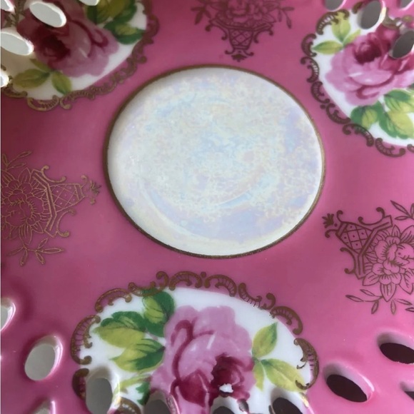 Vintage Lefton China PINK ROSE HAND PAINTED SAUCER Iridescent Pearl/Gold Edge - Picture 2 of 7